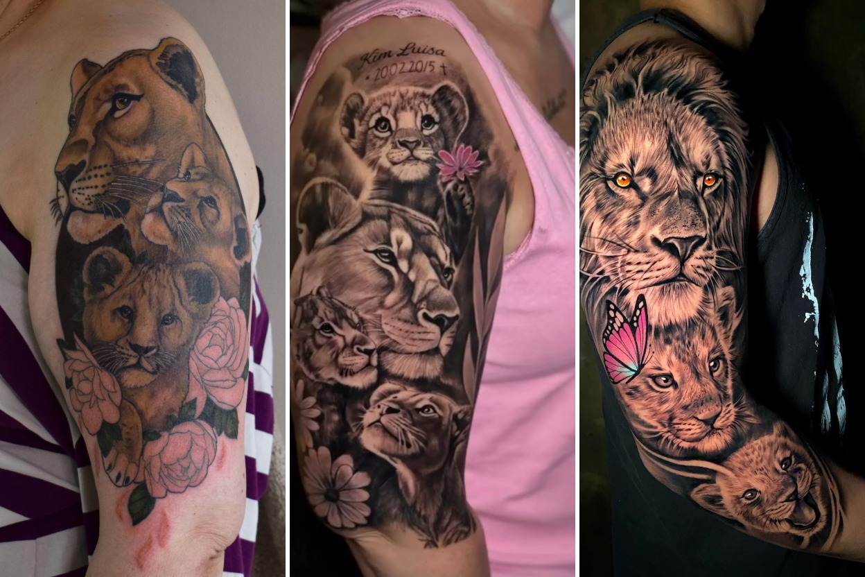 Aesthetic lion family tattoos and delicate ink ideas collage