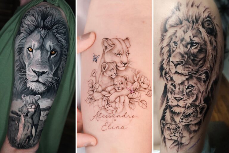 Aesthetic lion family tattoos and delicate ink ideas collage