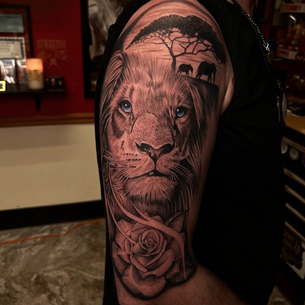 Lion, Rose, and Savannah Half Sleeve Tattoo half sleeve tattoos for men tattoo