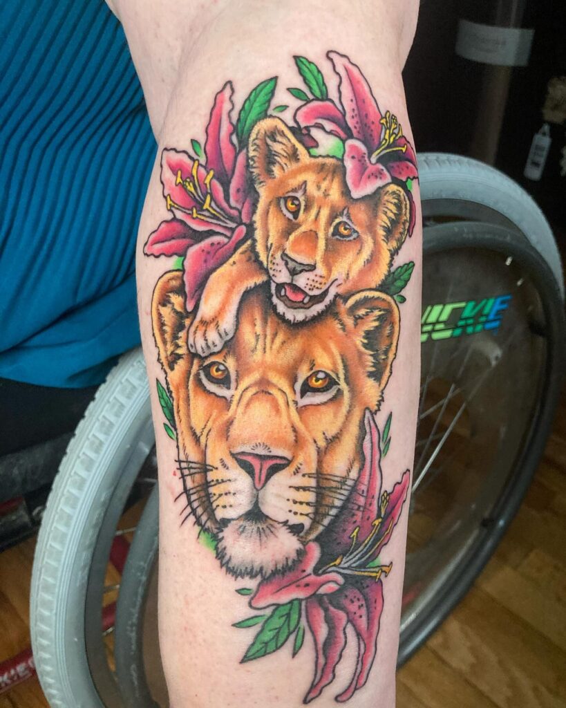 Lioness and Cub with Lilies Tattoo mommy tattoo ideas tattoo
