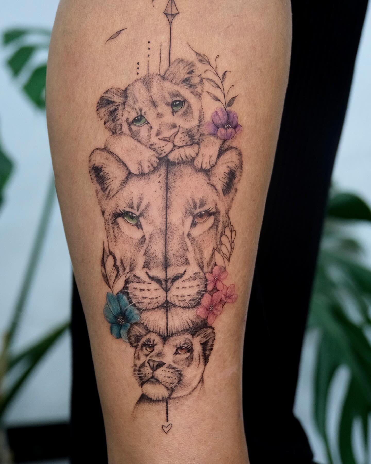Lioness and Two Cubs Floral Family Tattoo lion family tattoos tattoo