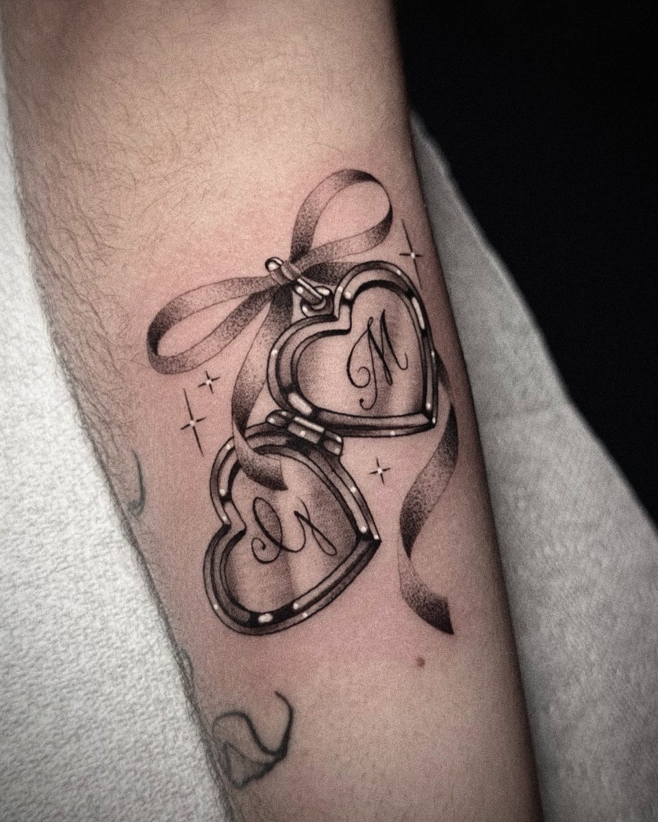 Ribbon Double Initial Locket Tattoo