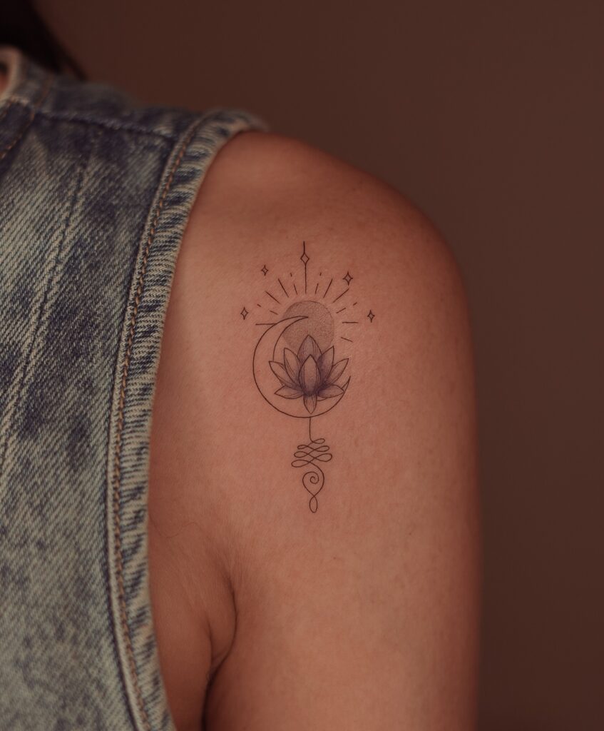 Lotus and Crescent Moon Fine Line Tattoo fine line tattoos for women tattoo