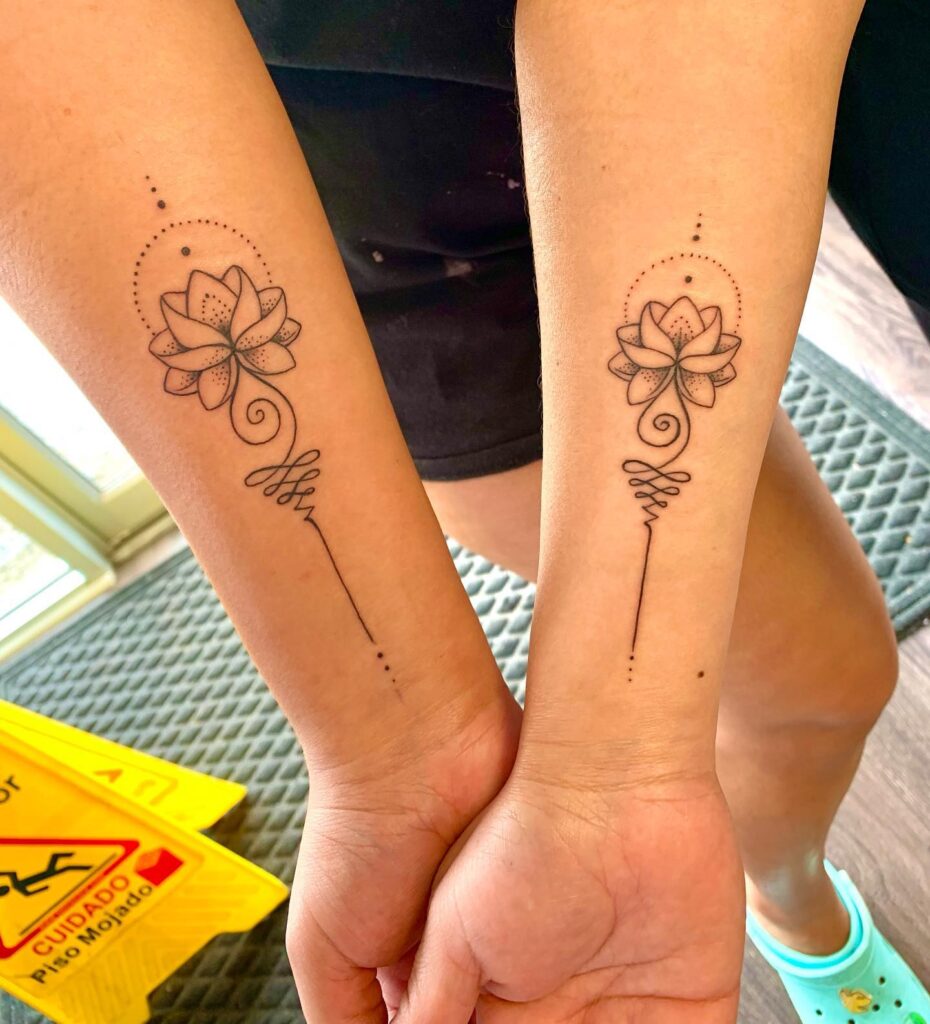 Lotus and Unalome Mother-Daughter Tattoo mother and daughter tattoo ideas tattoo
