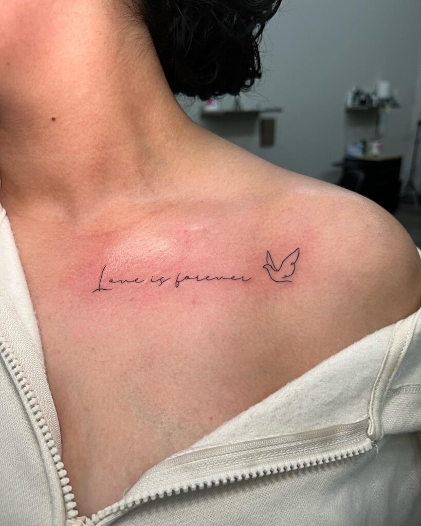 Playful Floral And Cat Collarbone Tattoo