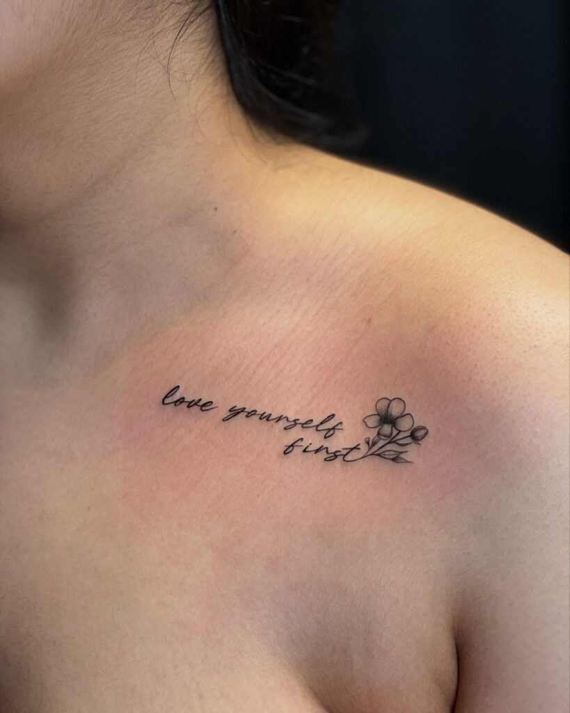 Blue Floral Collarbone Tattoo