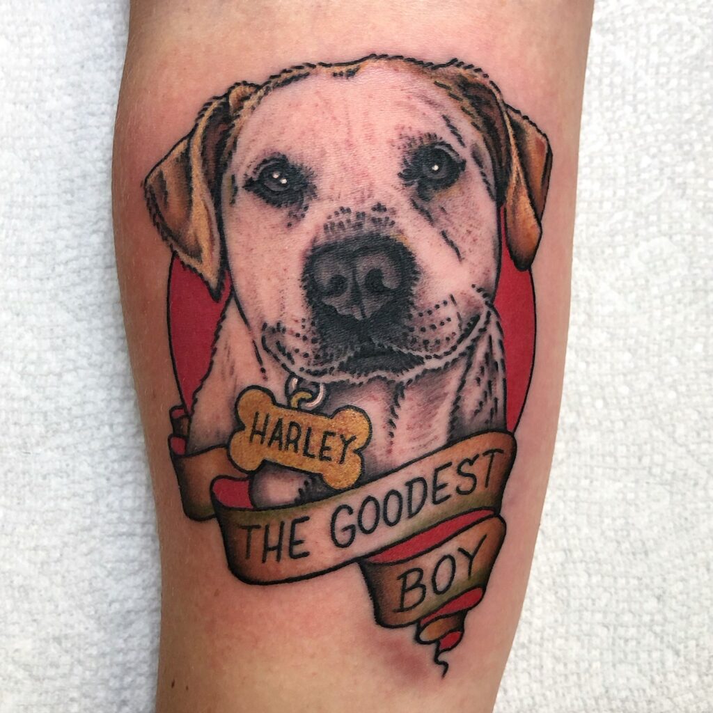 Loyal Dog Portrait with Heartfelt Banner Tattoo dog memorial tattoos tattoo
