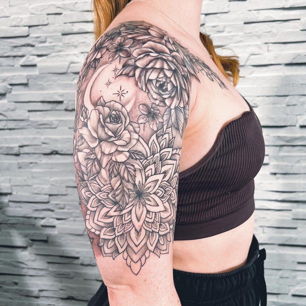 Bull Skull And Lilies Half Sleeve Tattoo