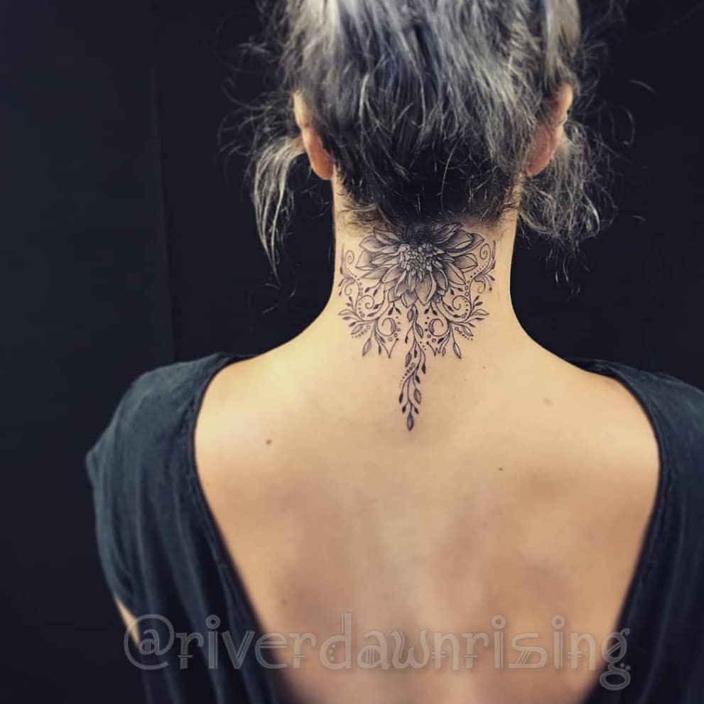 Ornamental Butterfly Neck Tattoo