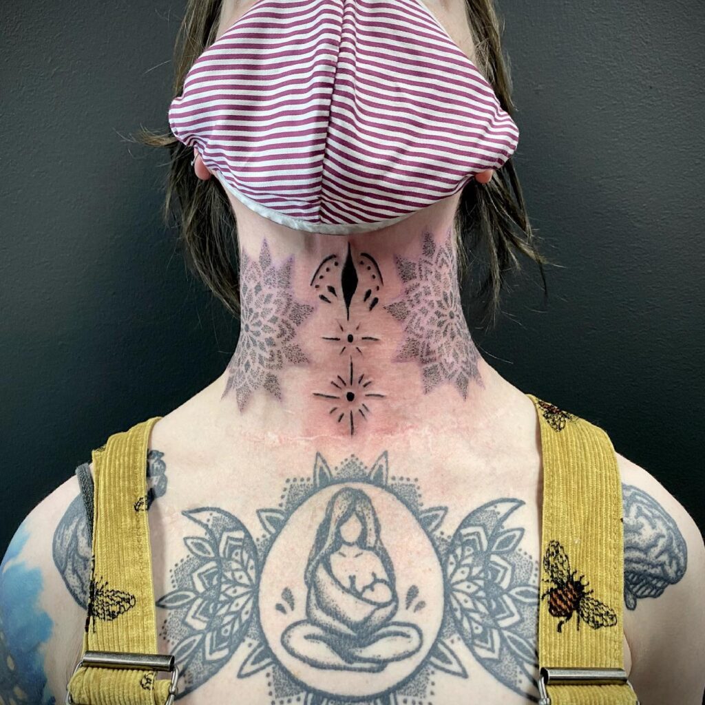 Ornamental Dotwork And Petal Motif Neck Tattoo