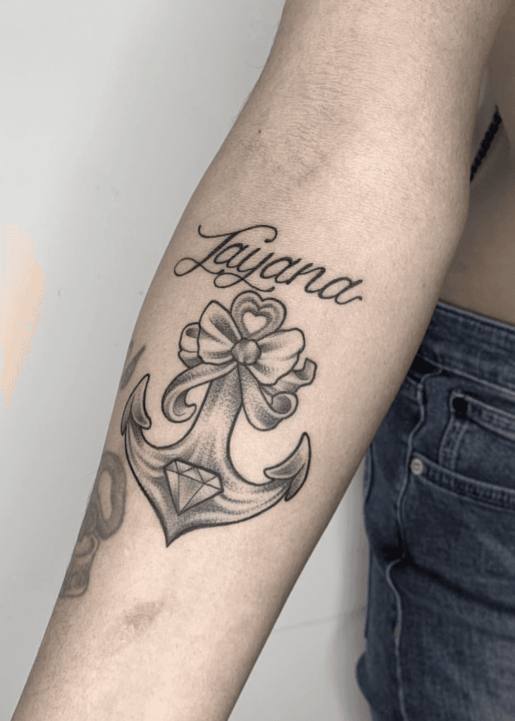 Maritime Anchor with Child Name Ribbon kids name tattoo