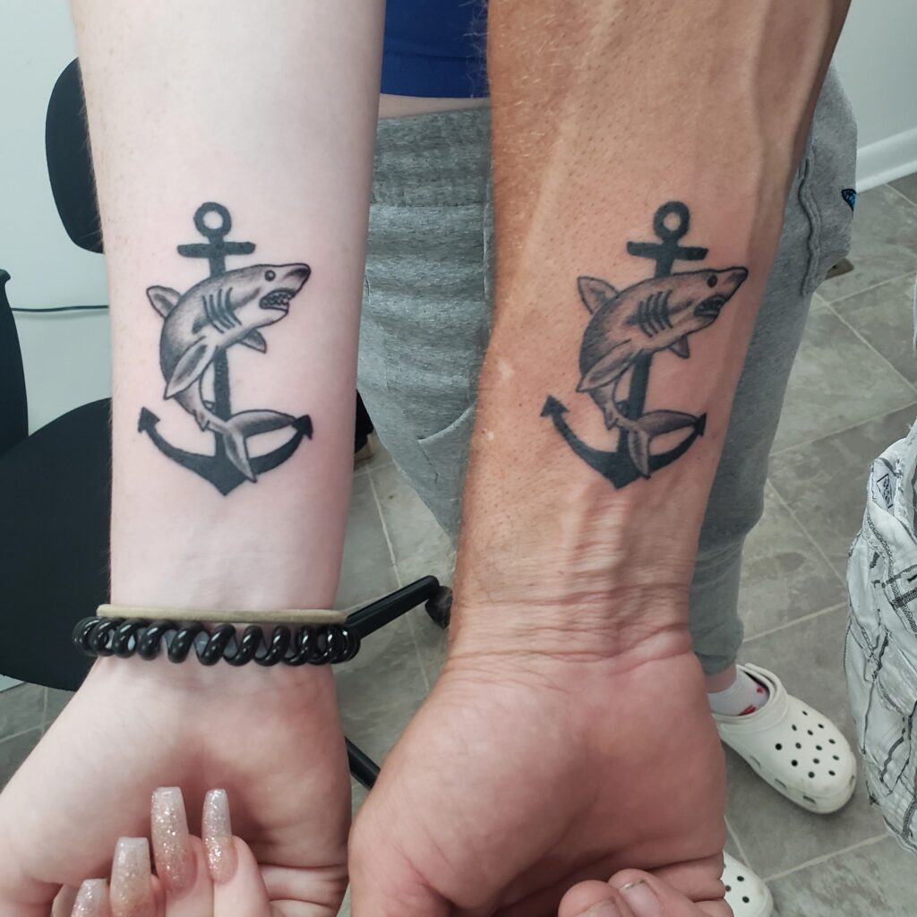Matching Anchor and Shark Tattoos father daughter tattoos tattoo