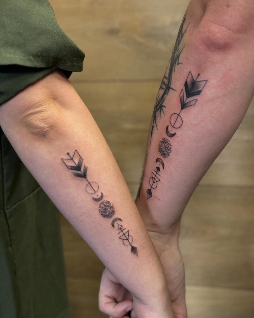 Matching Arrow and Celestial Symbol Tattoos