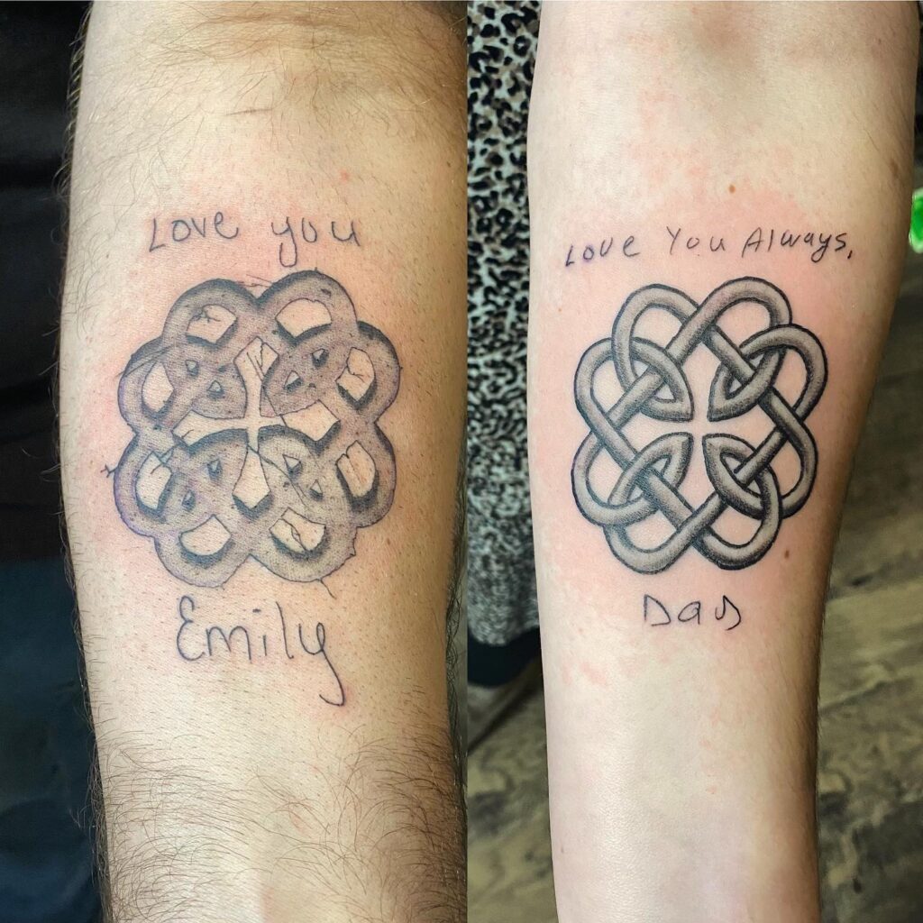 Matching Celtic Knot Tattoos with Handwritten Messages father daughter tattoos tattoo