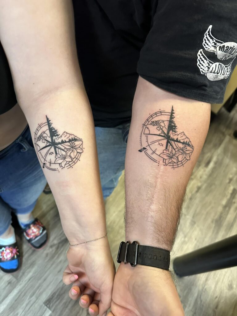 Matching Compass and Mountain Tattoos father daughter tattoos tattoo