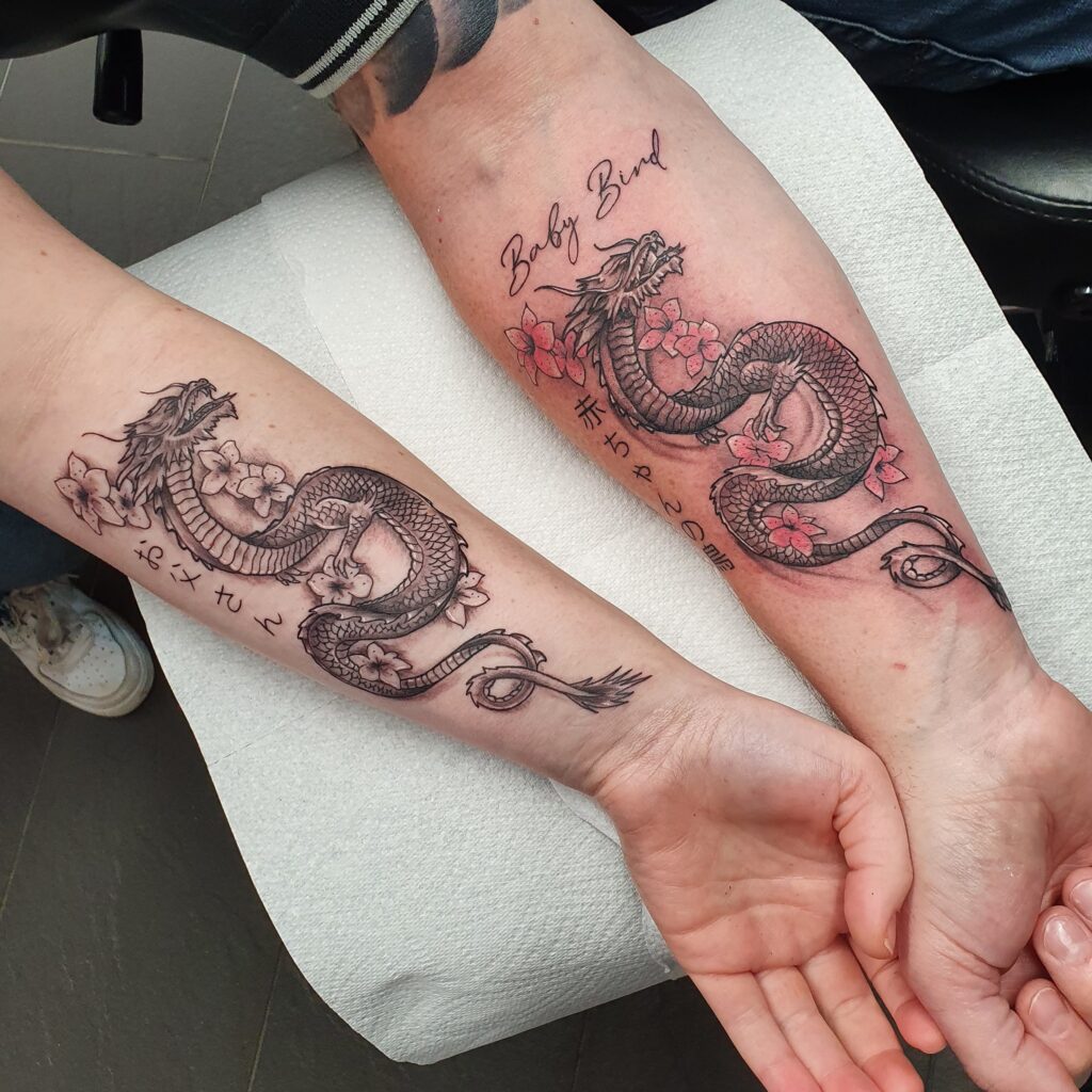 Matching Dragon Tattoos with Cherry Blossoms father daughter tattoos tattoo