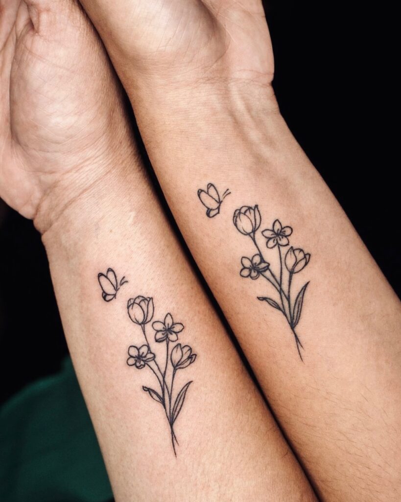 Matching Floral and Butterfly Tattoos