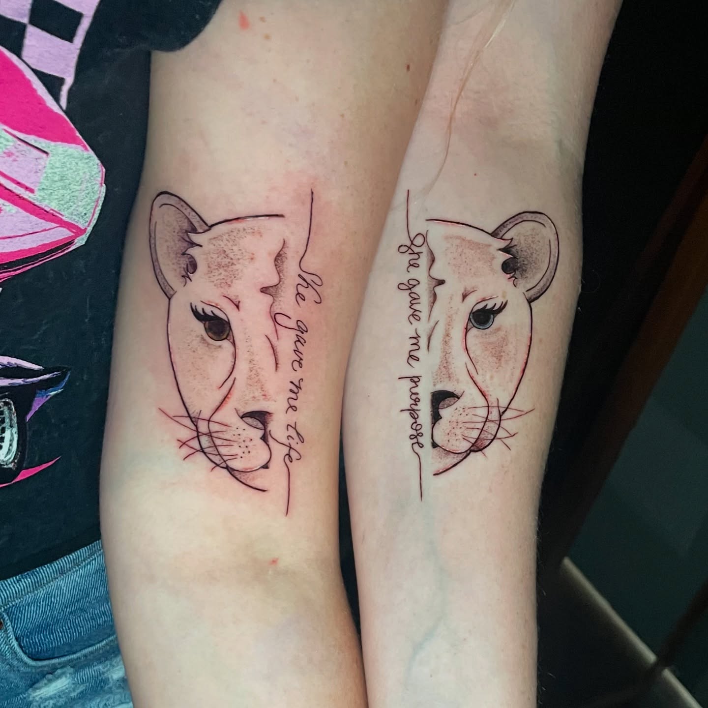 Matching Lioness Tattoos with “She Gave Me Life” and “She Gave Me Purpose” unique mom and daughter tattoos tattoo