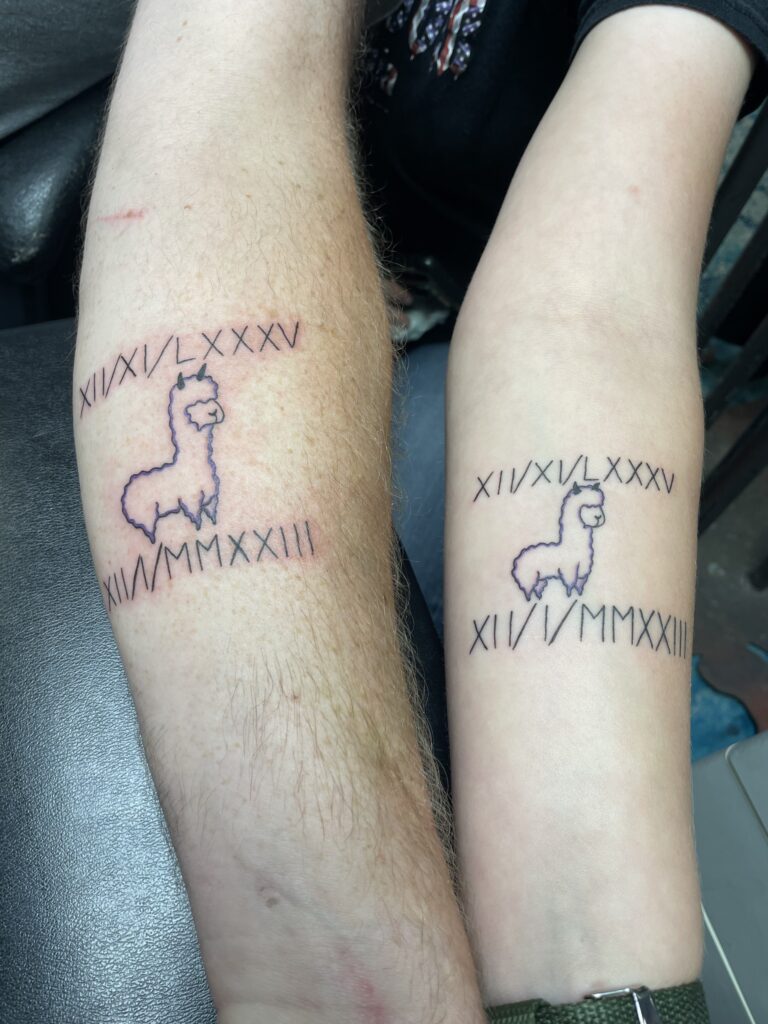 Matching Llama and Roman Numeral Tattoos father daughter tattoos tattoo