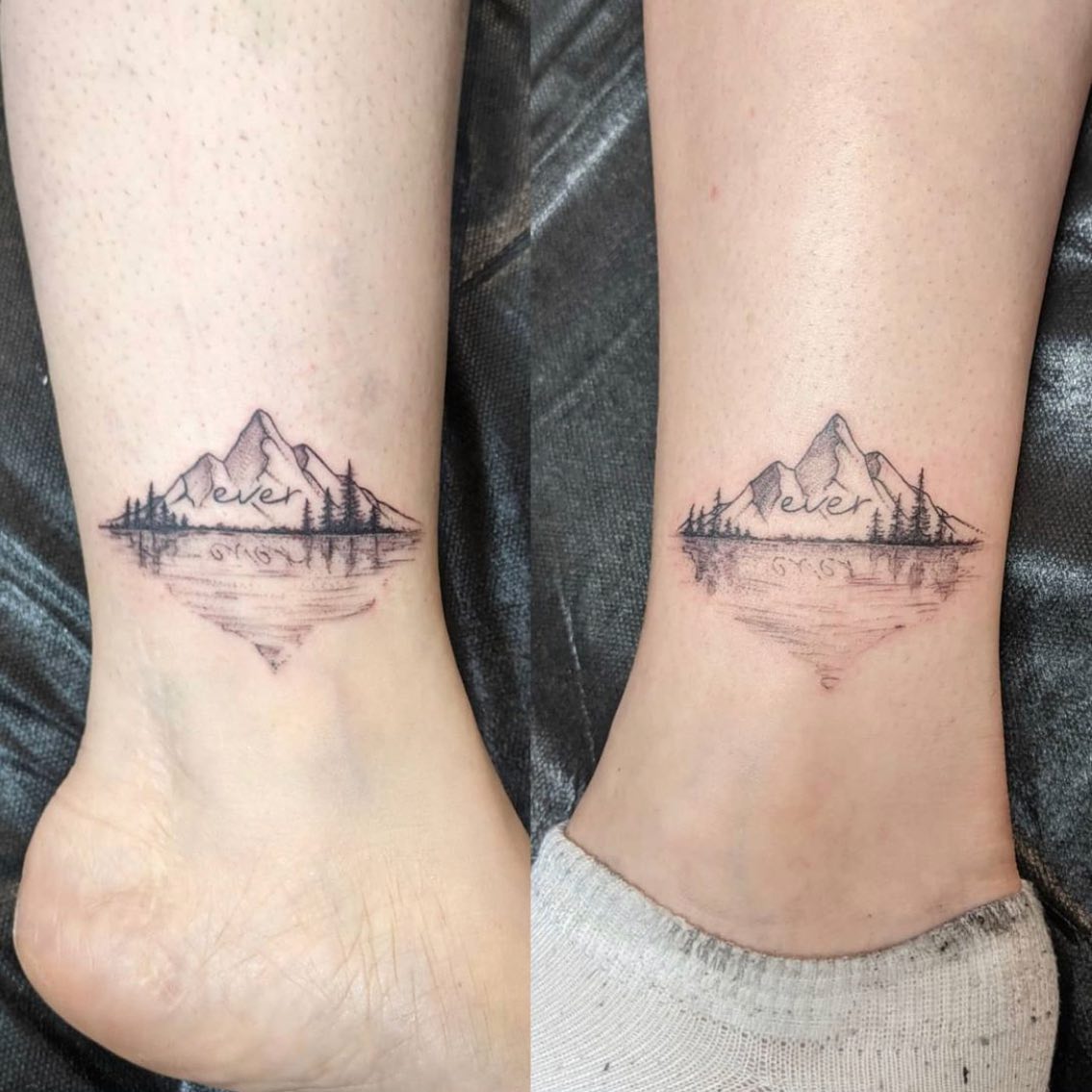 Matching Mountain Tattoos with the Word “Ever” unique mom and daughter tattoos tattoo