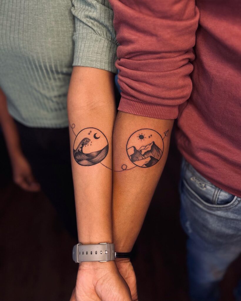 Matching Ocean and Mountain Tattoos