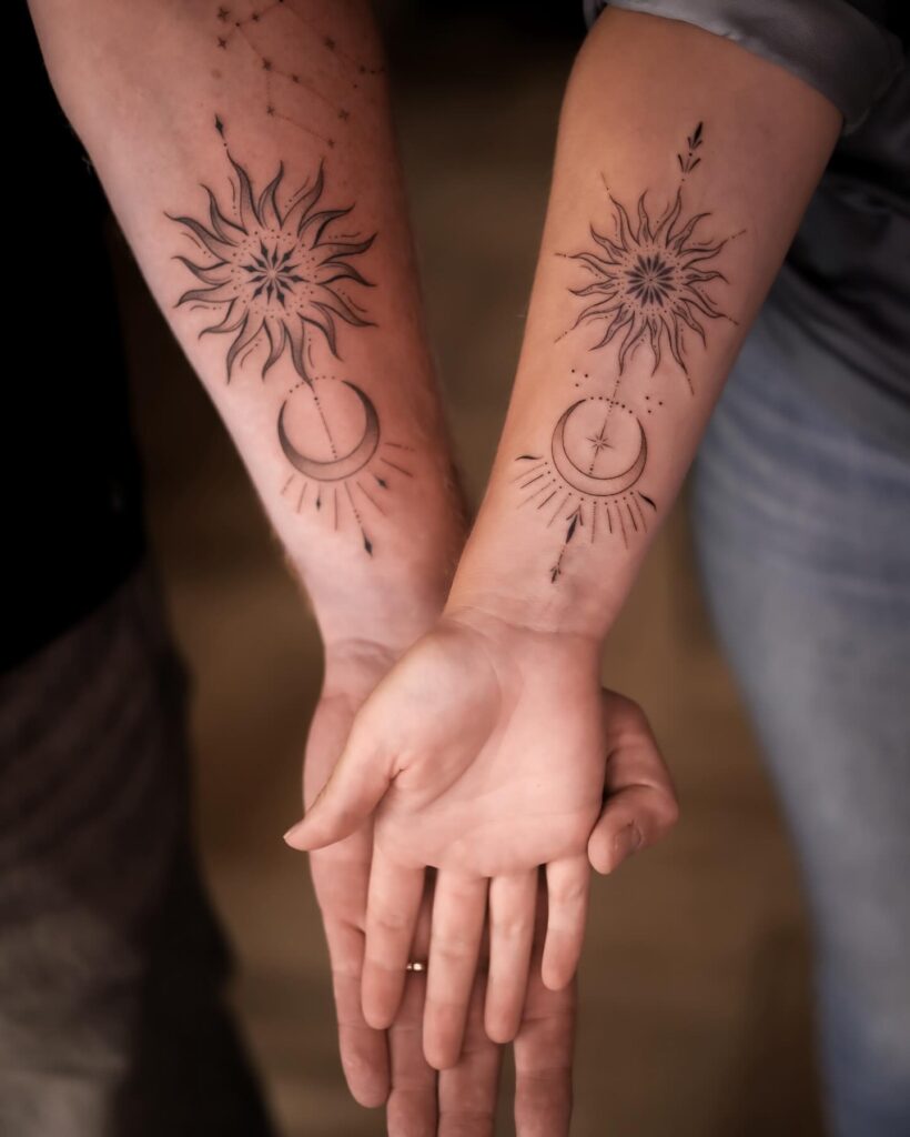 Matching Sun and Moon Couple Tattoos symbolic sun and moon tattoo ideas tattoo