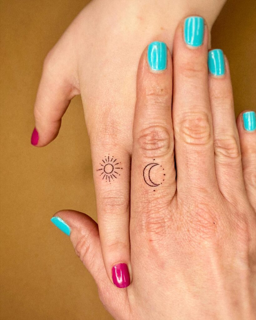 Matching Sun and Moon Finger Tattoos symbols tattoos tattoo