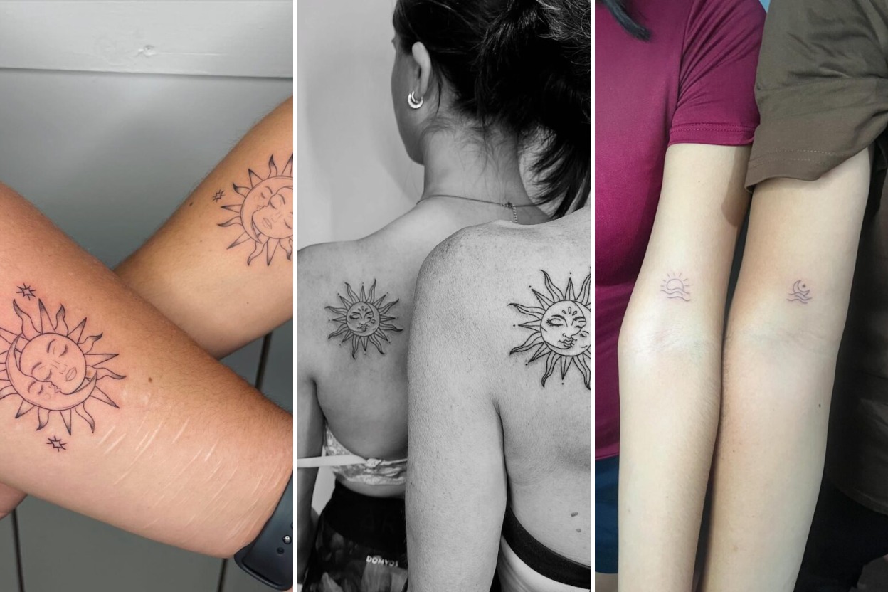 Aesthetic matching sun and moon tattoo ideas and delicate ink ideas collage