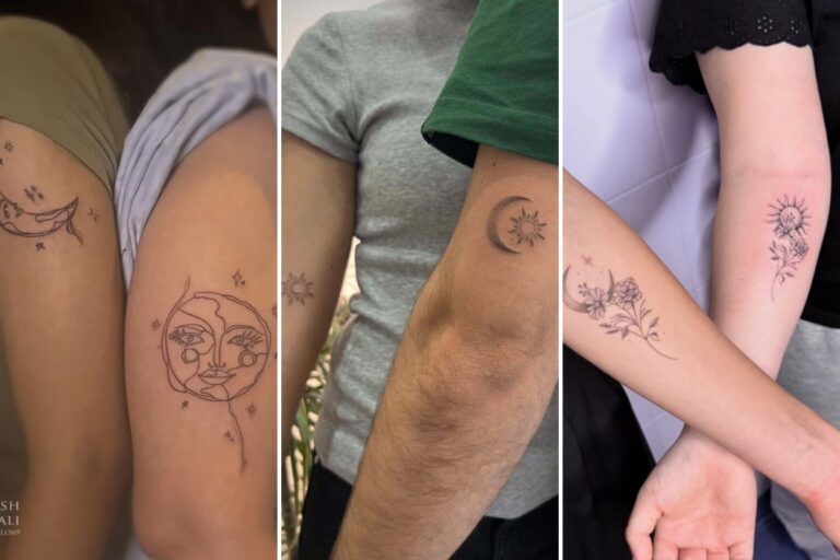 Aesthetic matching sun and moon tattoo ideas and delicate ink ideas collage