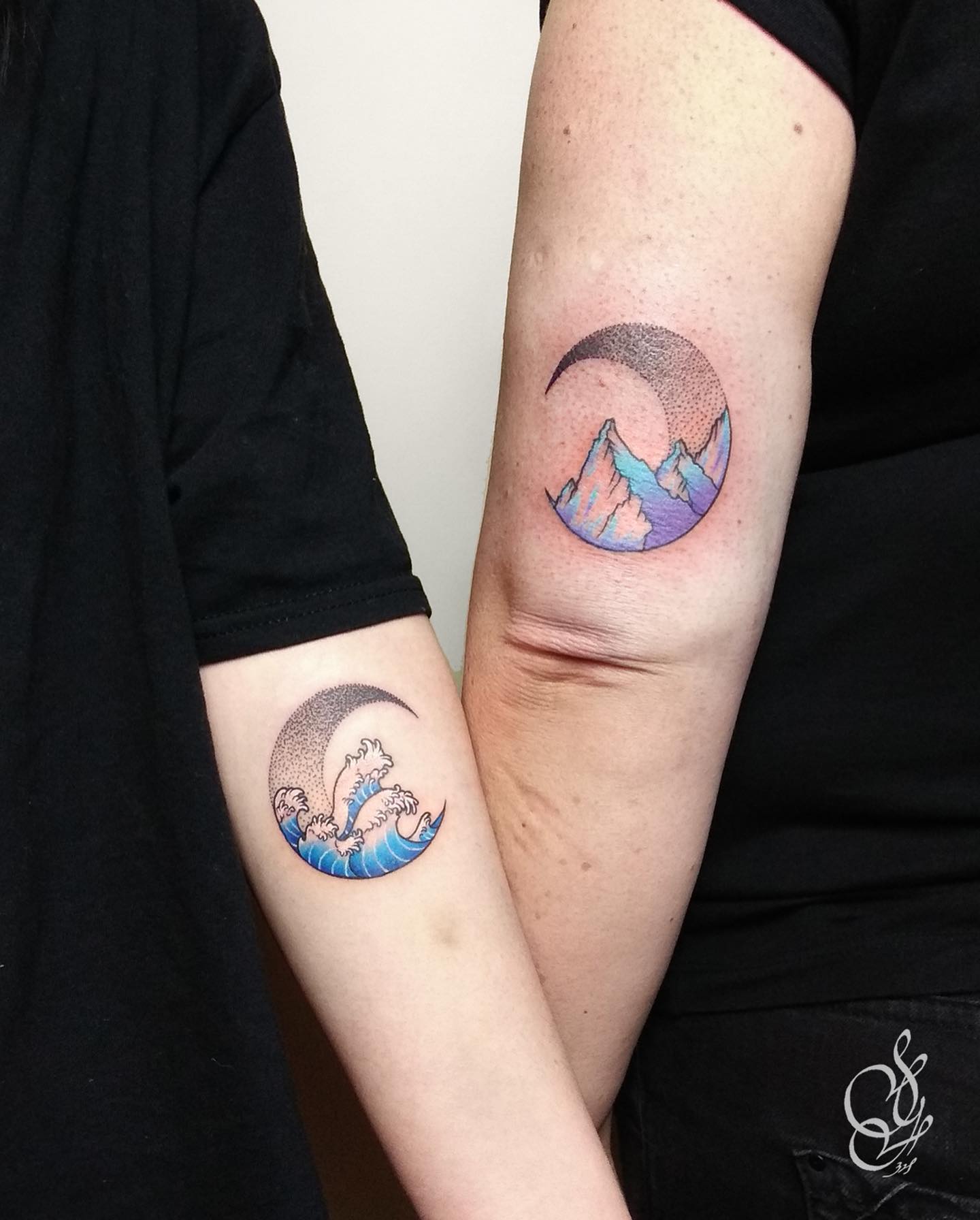 Matching Wave and Mountain Tattoos for Mother and Daughter unique mom and daughter tattoos tattoo