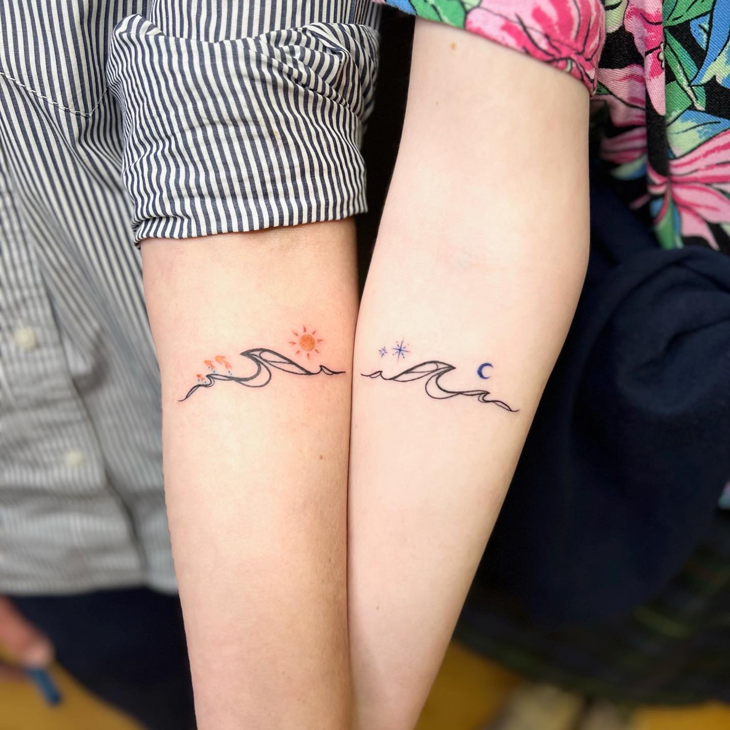 Matching Wave Tattoos with Sun and Moon for Mom and Daughter unique mom and daughter tattoos tattoo