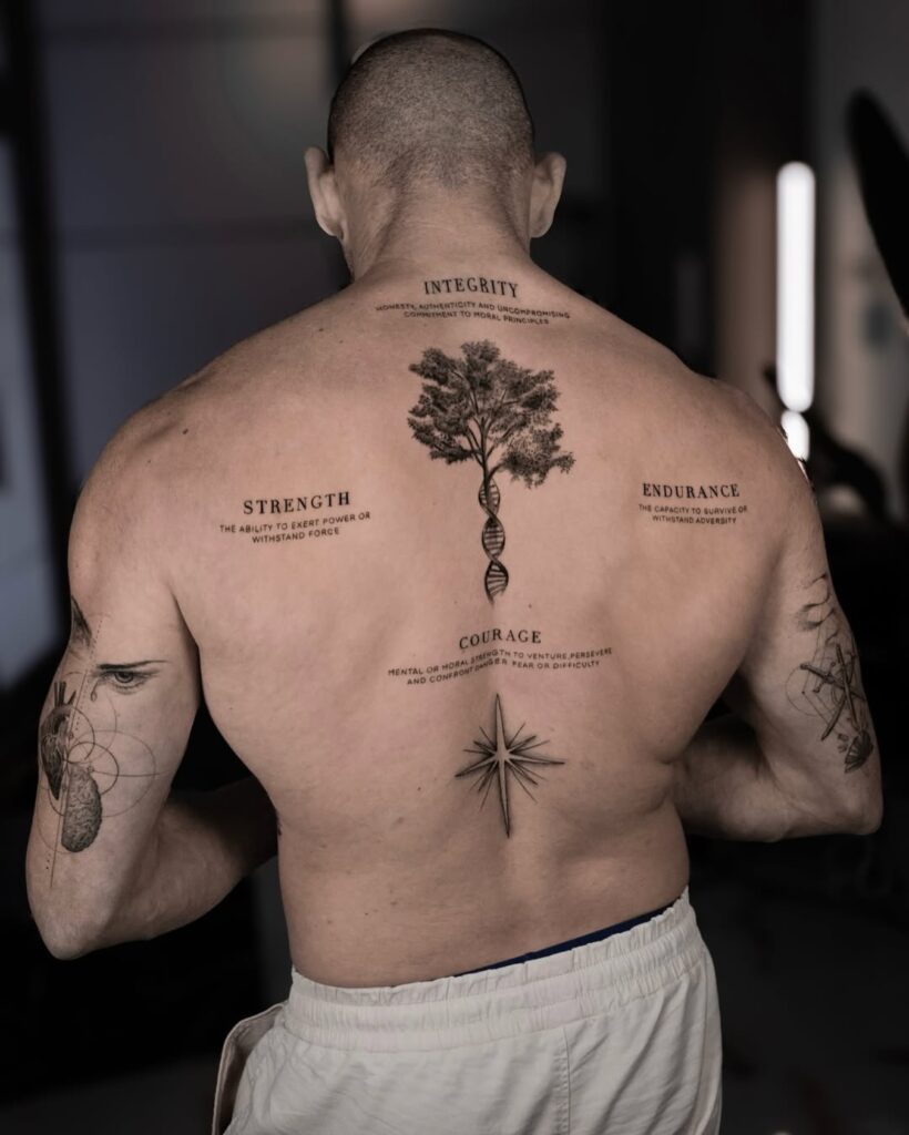 Meaningful Tree and Compass Back Tattoo with Inspiring Words back tattoos for guys tattoo