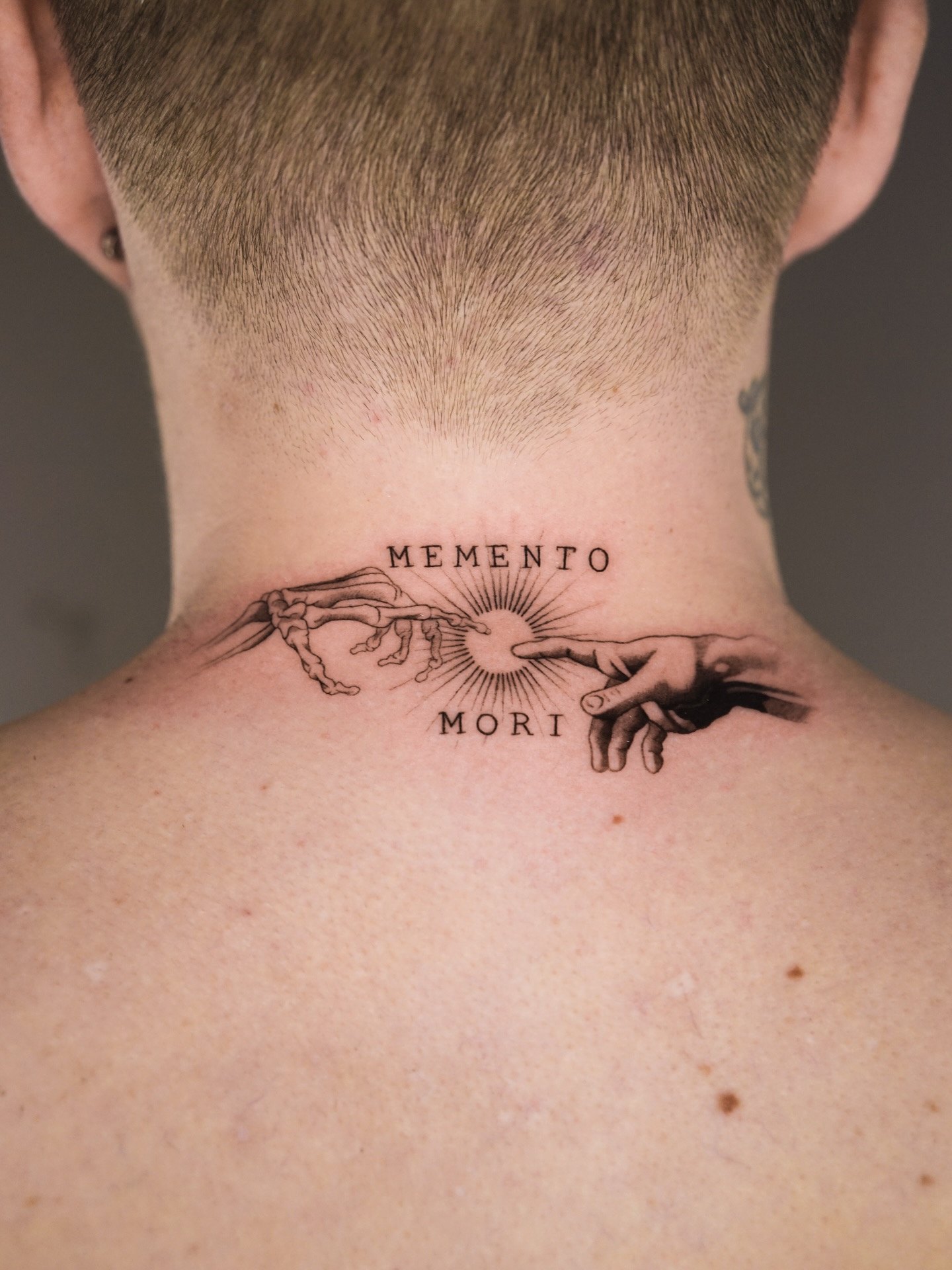 Memento Mori Hands Neck Tattoo