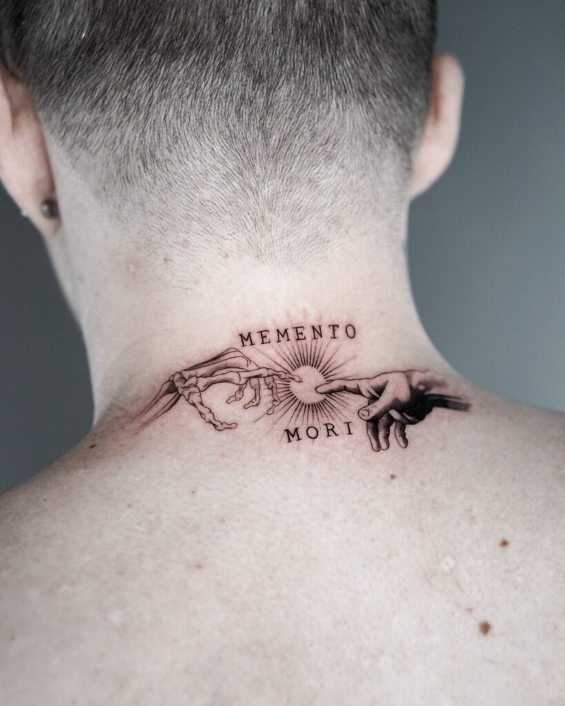 Falling Angel And Guiding Star Neck Tattoo