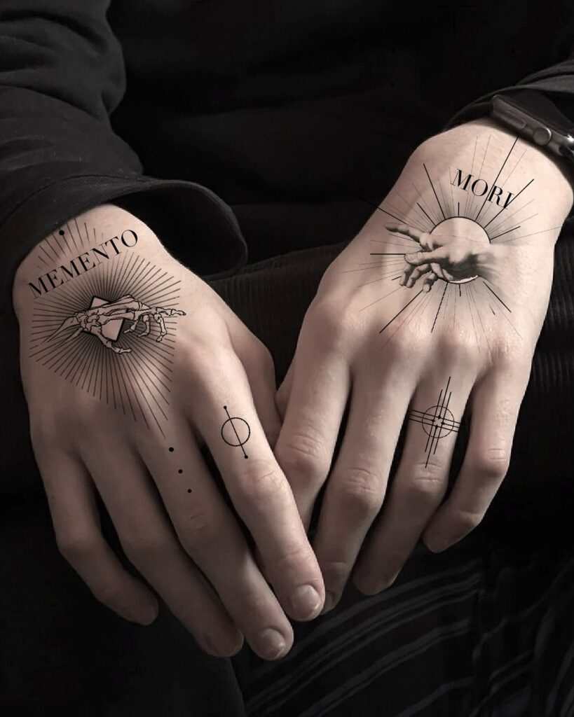 Memento Mori Twin Hand Tattoo hand tattoo ideas for guys tattoo