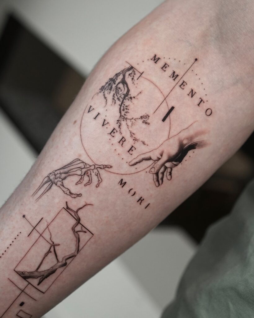 Memento Mori Clock And Bone Hand Tattoo