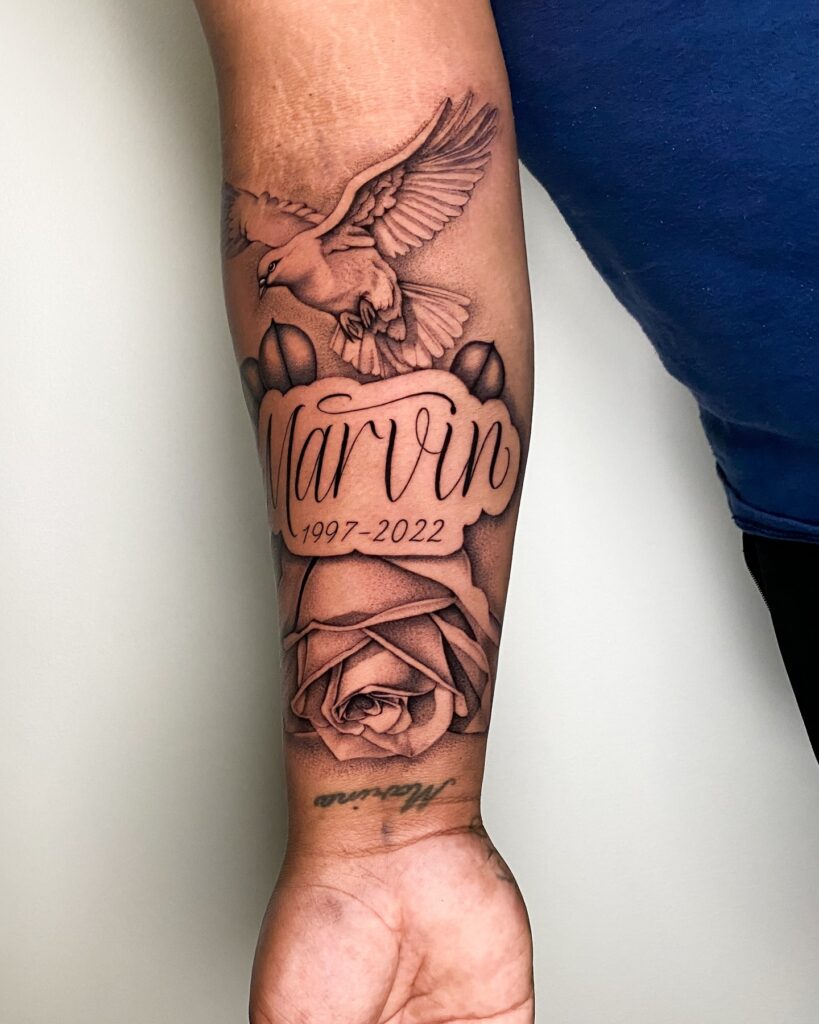 Family Ribbon Name And Date Tattoo