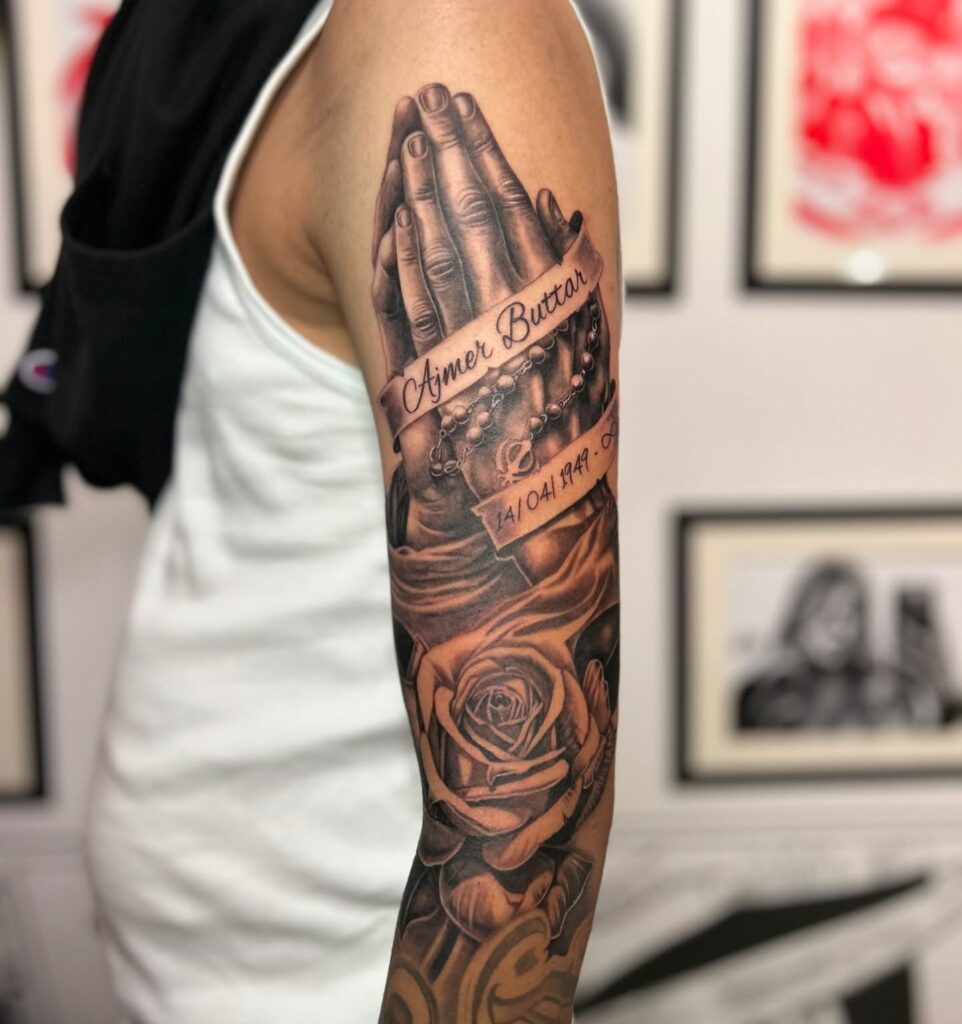 Memorial Praying Hands Tattoo with Name and Rosary praying hands tattoos tattoo