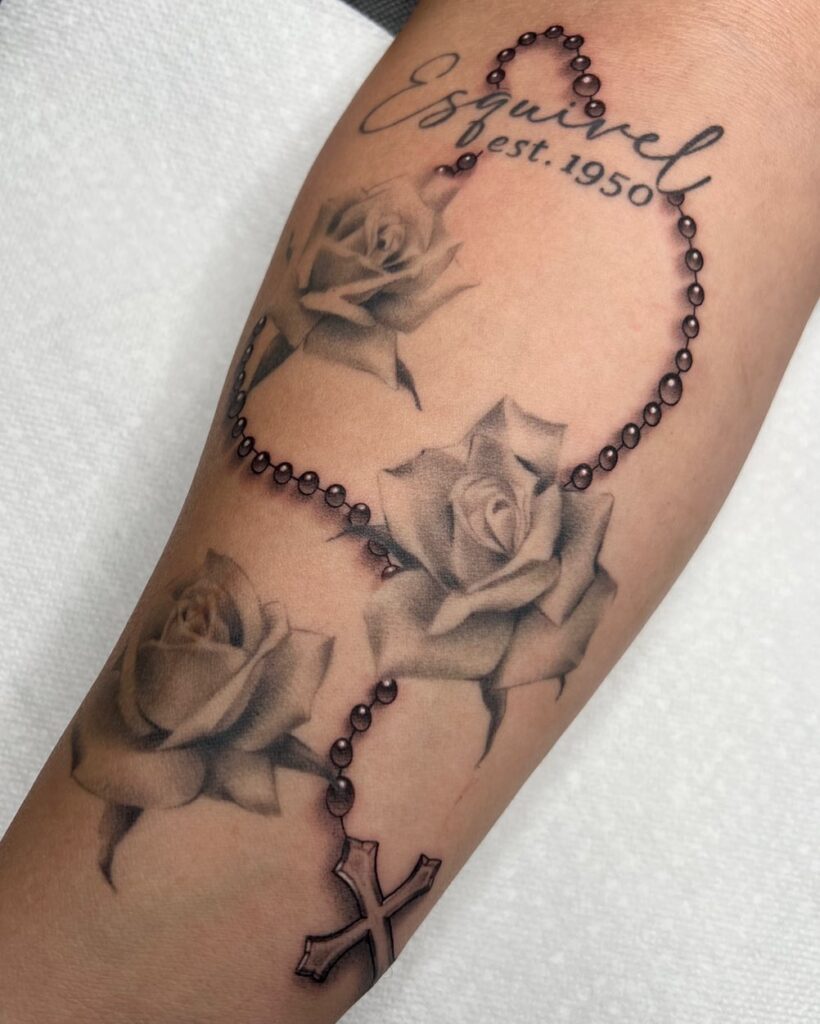 Sacred Heart And Rosary Arm Tattoo