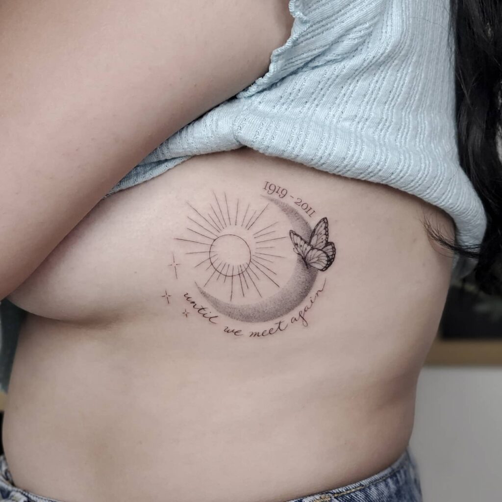 Memorial Sun and Moon Tattoo with Butterfly symbolic sun and moon tattoo ideas tattoo