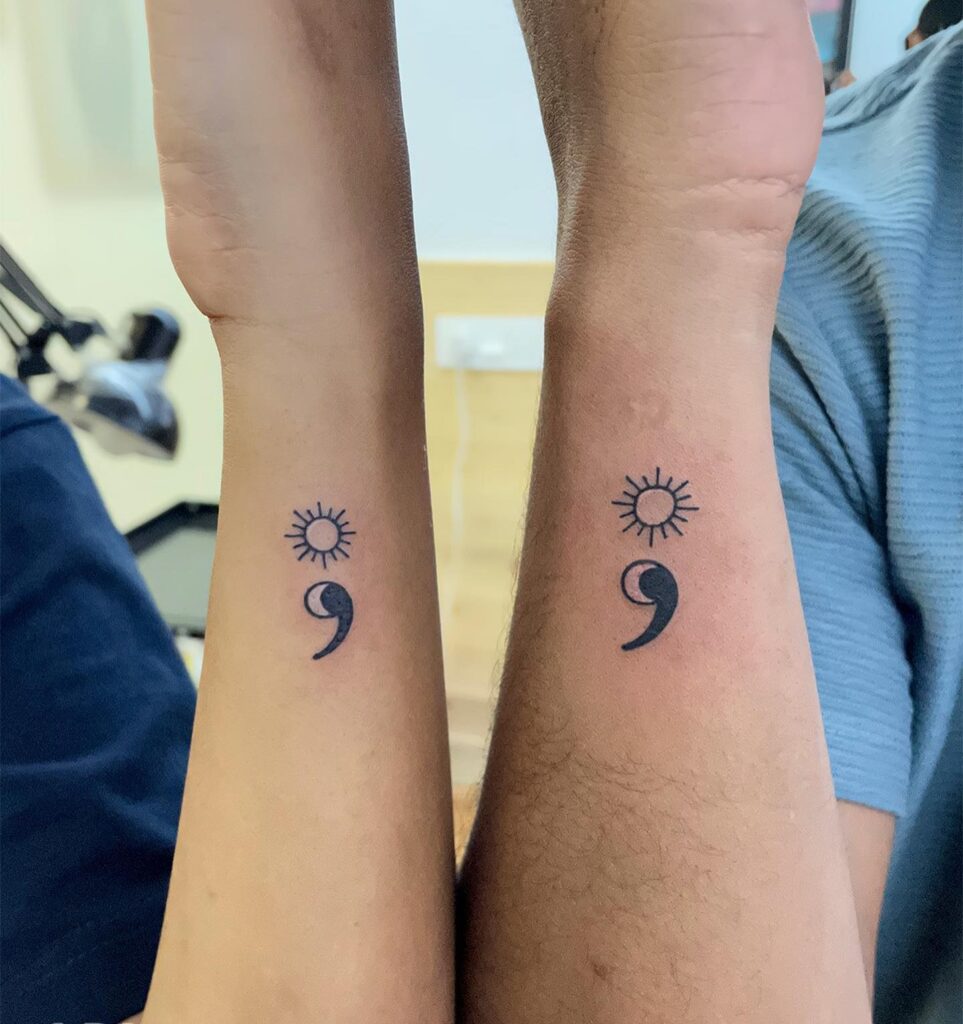 Sun and moon semicolon matching tattoos