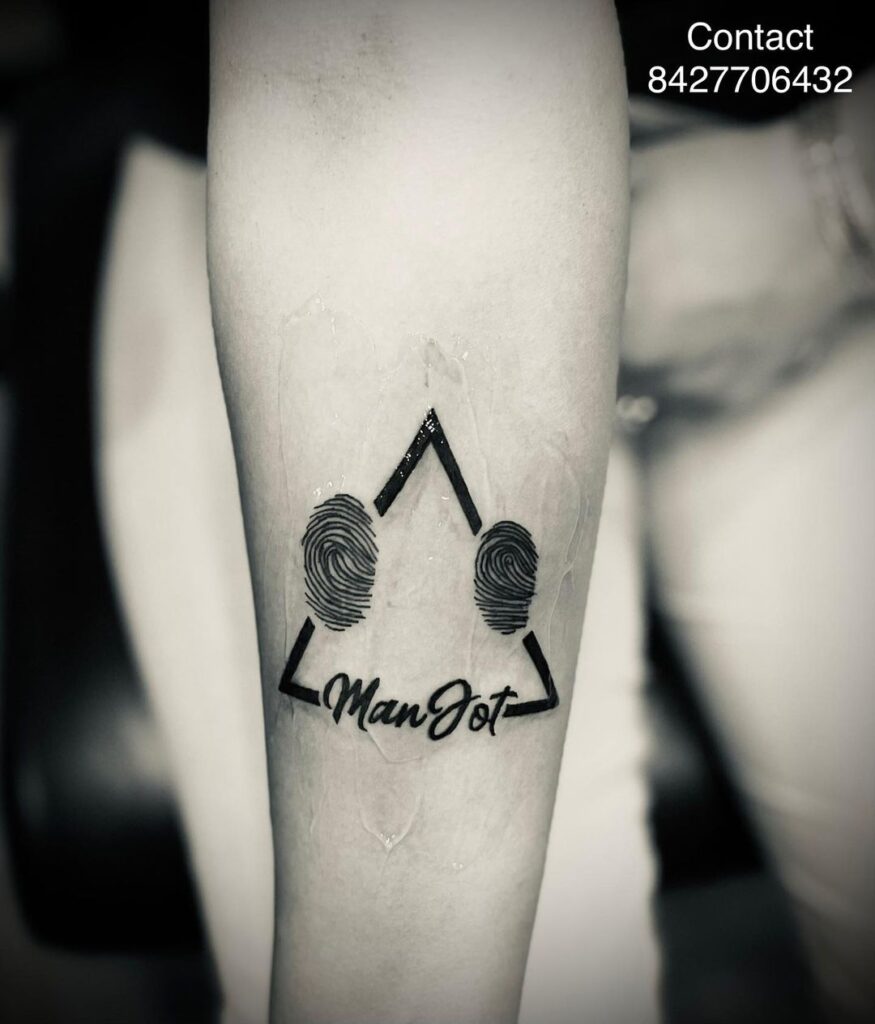 Merged Name and Kids’ Fingerprints Tattoo