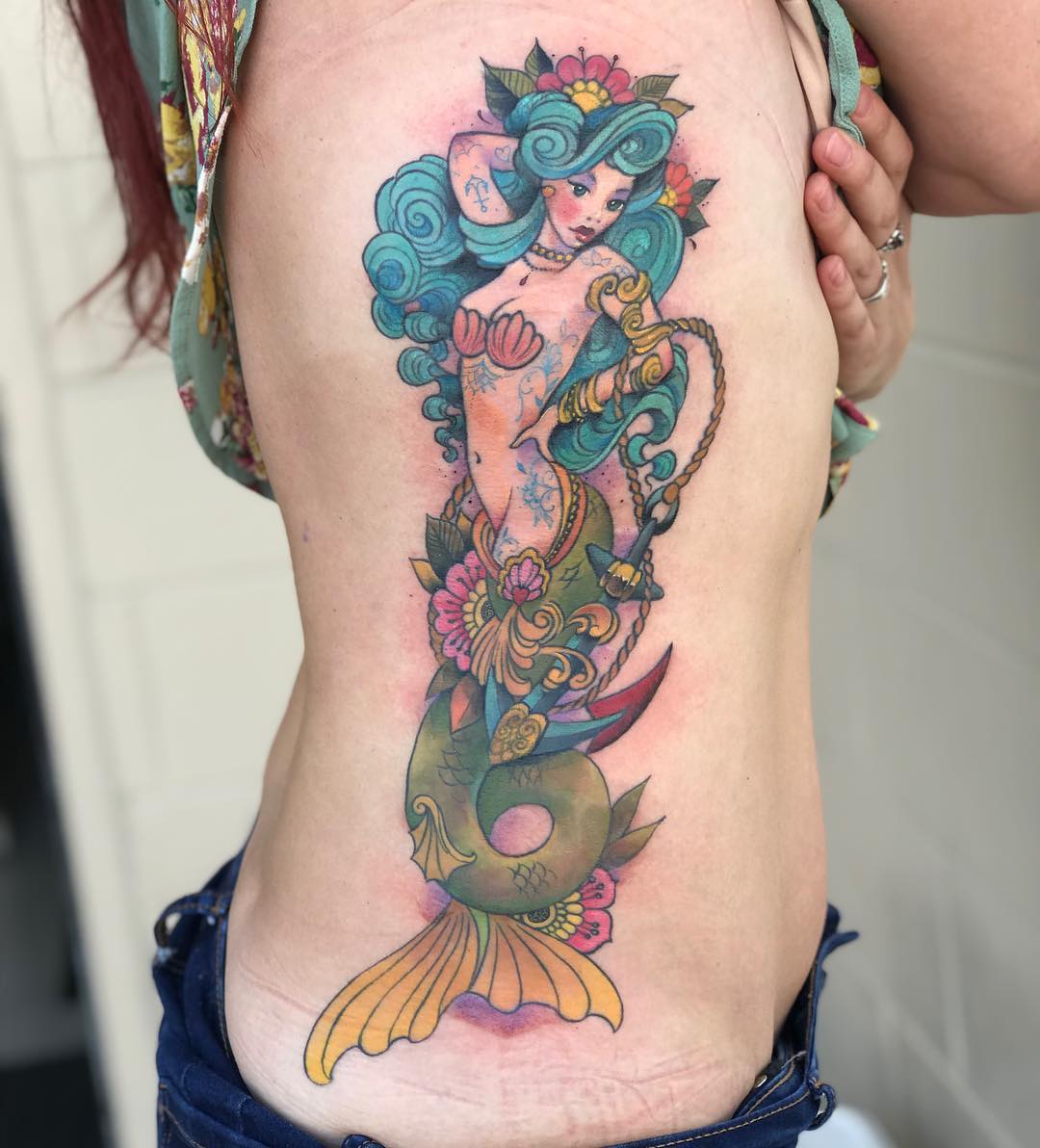 Colorful Floral Mermaid Tattoo