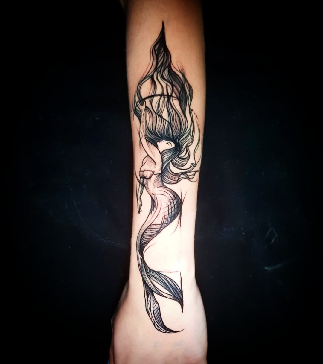 Flowing Hair Mermaid Tattoo