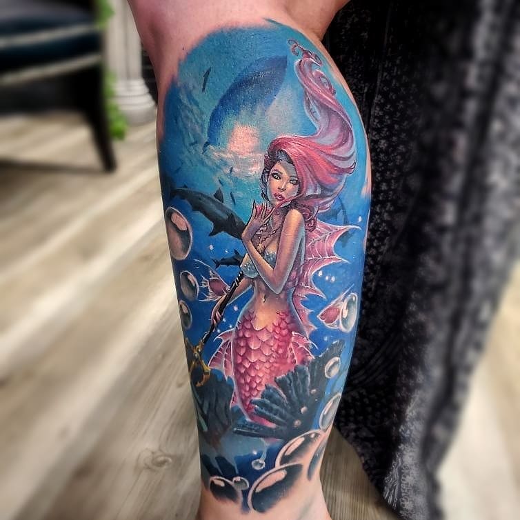 Pink Haired Mermaid Underwater Tattoo