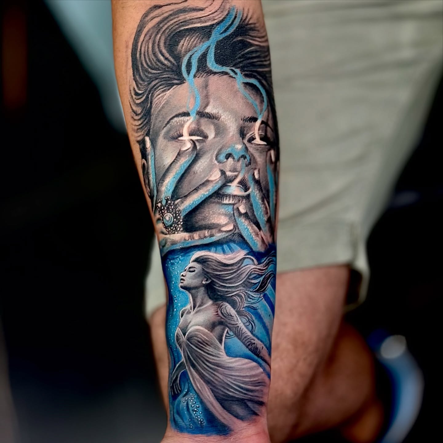 Surreal Mermaid And Woman Portrait Tattoo