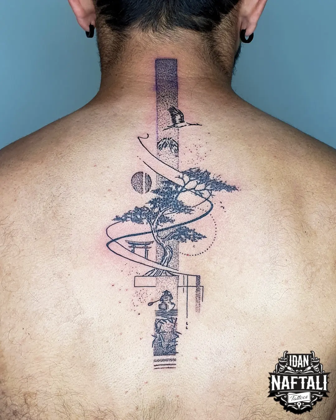 Minimal Japanese Tree Spine Tattoo