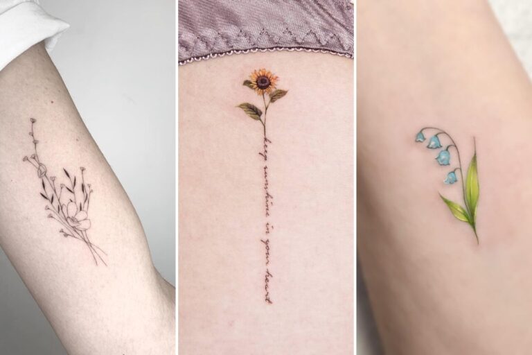 Aesthetic minimal tiny flower tattoo ideas and delicate ink ideas collage