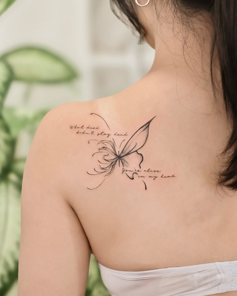 Minimalist Butterfly Memorial Tattoo with Quote half butterfly half flower tattoos tattoo