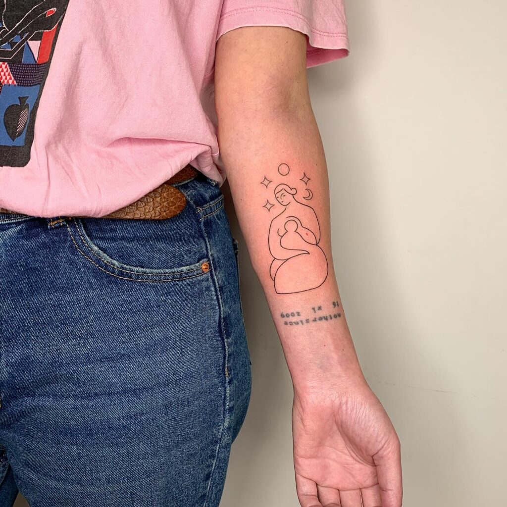 Minimalist Celestial Motherhood Tattoo mom with kids tattoos tattoo